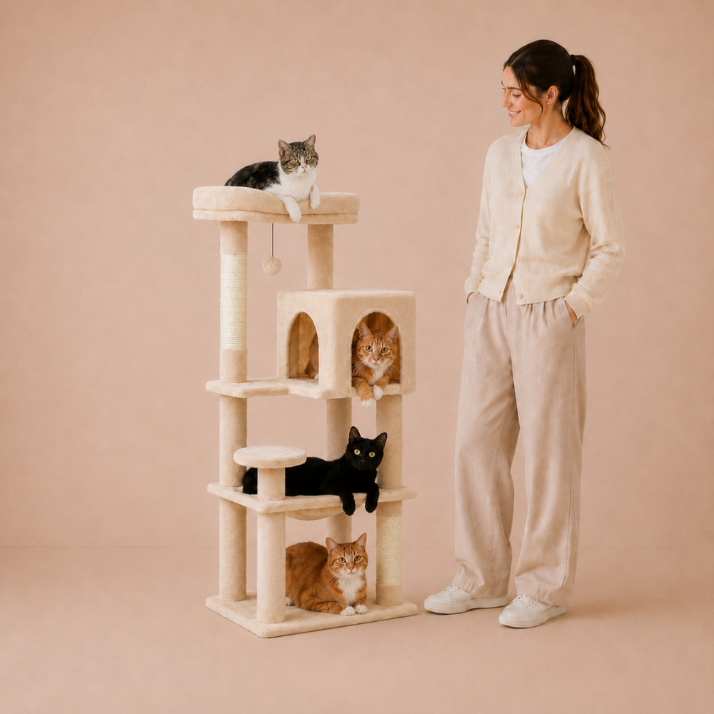Road Cat Tree Scratching Post Multi-Level Play Tower with a Large Hammock