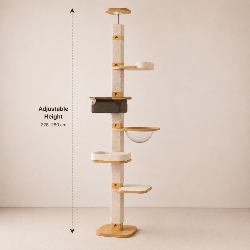 Solid Wood Floor to Ceiling Cat Tree | Adjustable Height Cat Tower