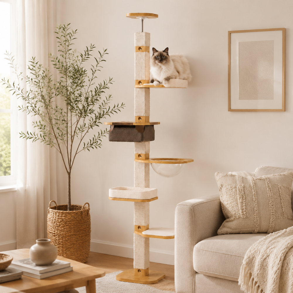 Solid Wood Floor to Ceiling Cat Tree | Adjustable Height Cat Tower
