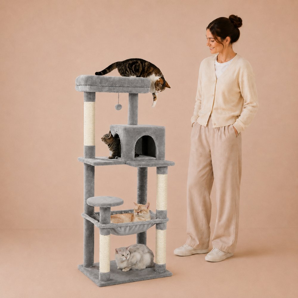 Road Cat Tree Scratching Post Multi-Level Play Tower with a Large Hammock