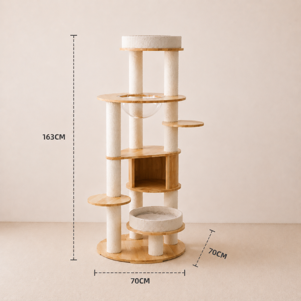 Varnished Solid Wood Cat Tower With Capsule - 163cm
