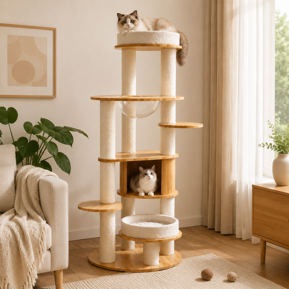 Varnished Solid Wood Cat Tower With Capsule - 163cm