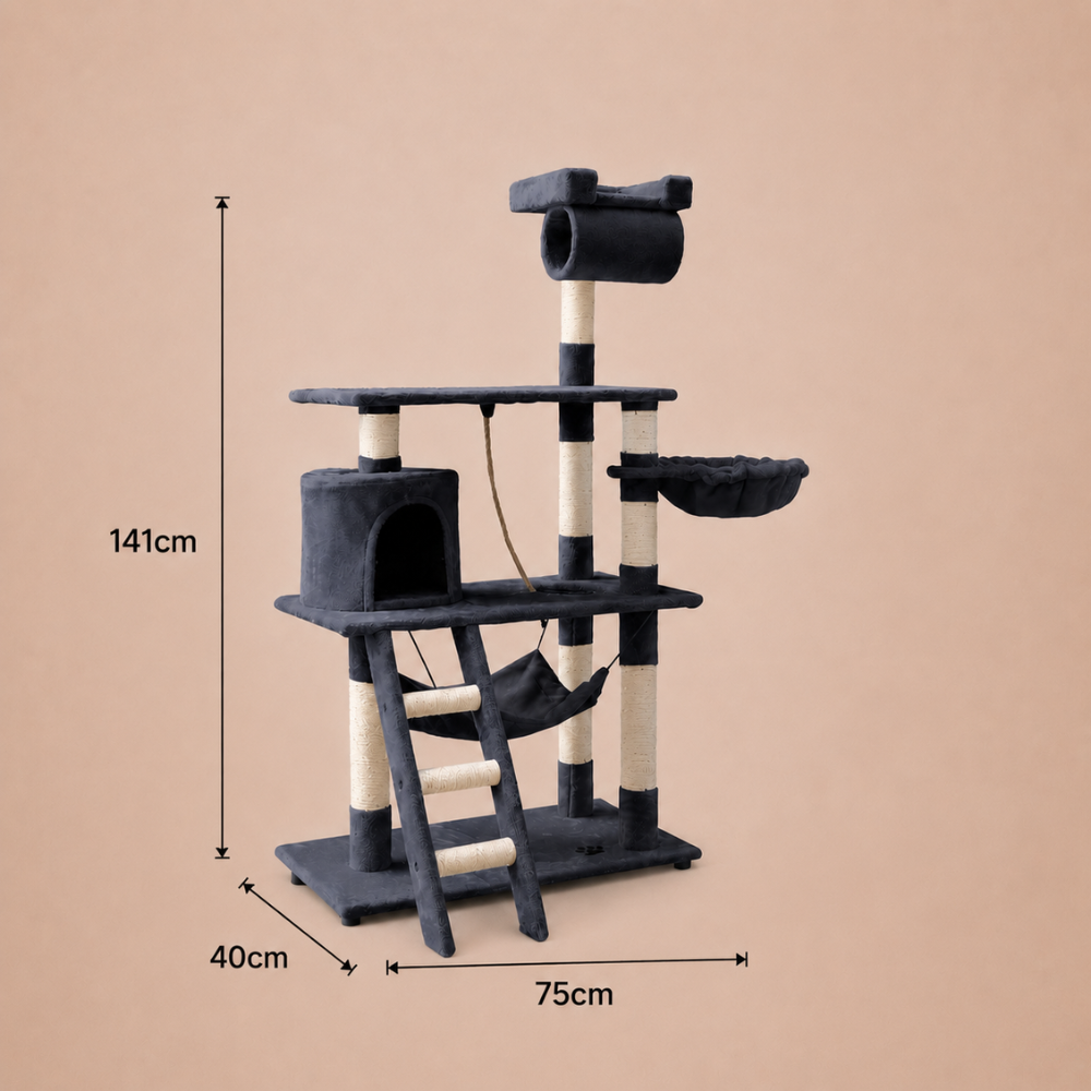 Cat Tree with Condo,Tunnel & Hammock Bed - 141cm