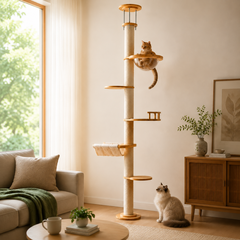 Solid Wood Adjustable Ceiling-Mounted Cat Tower - Style B