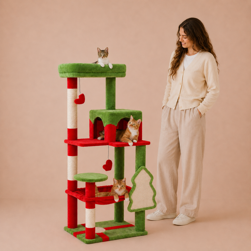 Road Cat Tree Scratching Post Multi-Level Play Tower with a Large Hammock