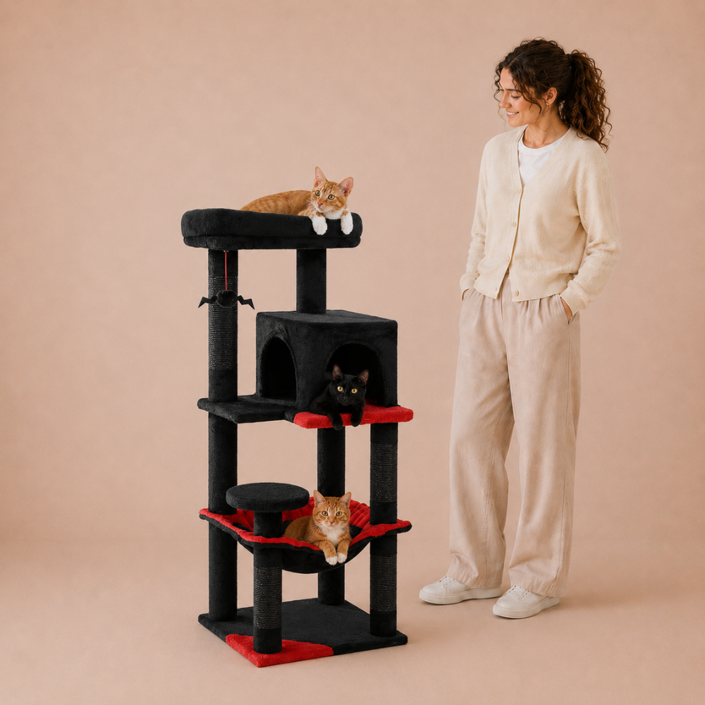 Road Cat Tree Scratching Post Multi-Level Play Tower with a Large Hammock