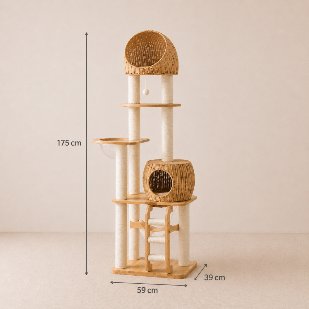 Premium Solid Oak Wood Cat Tree with Woven Rattan Beds - 175cm