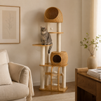 Premium Solid Oak Wood Cat Tree with Woven Rattan Beds - 175cm