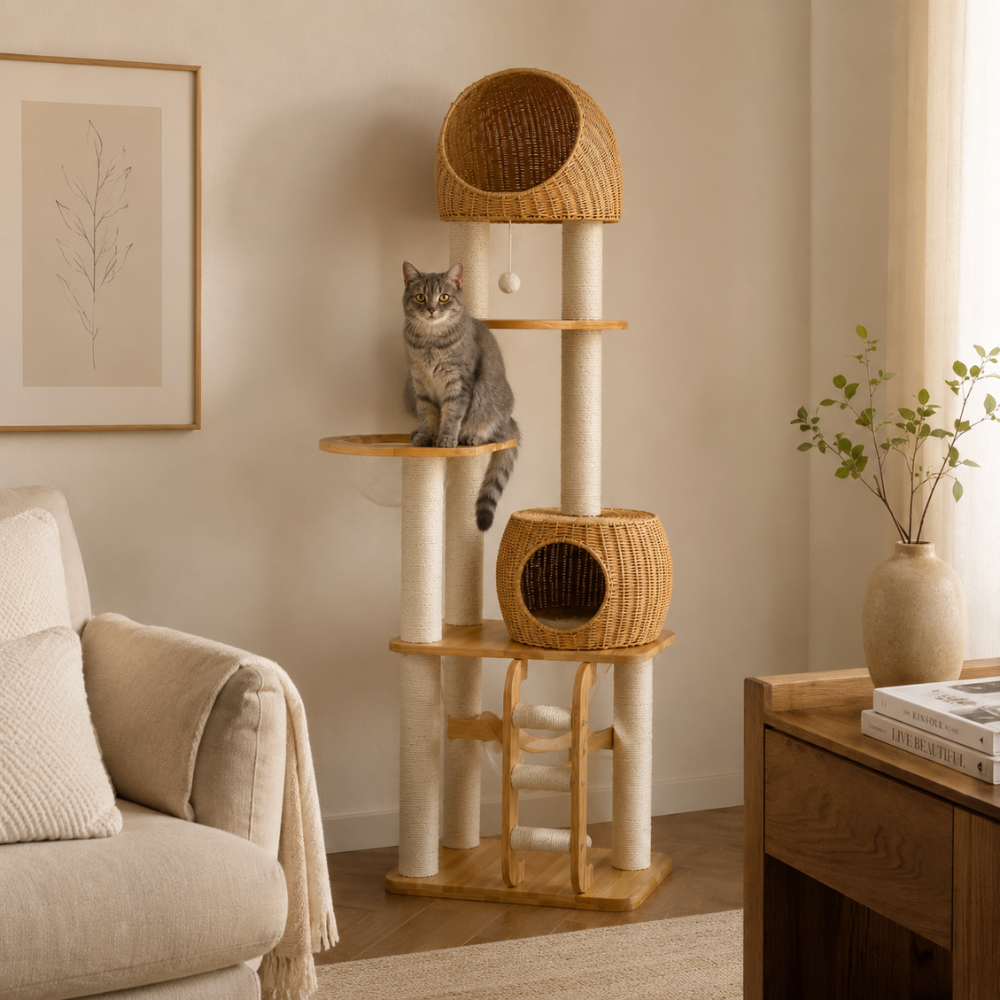 Premium Solid Oak Wood Cat Tree with Woven Rattan Beds - 175cm