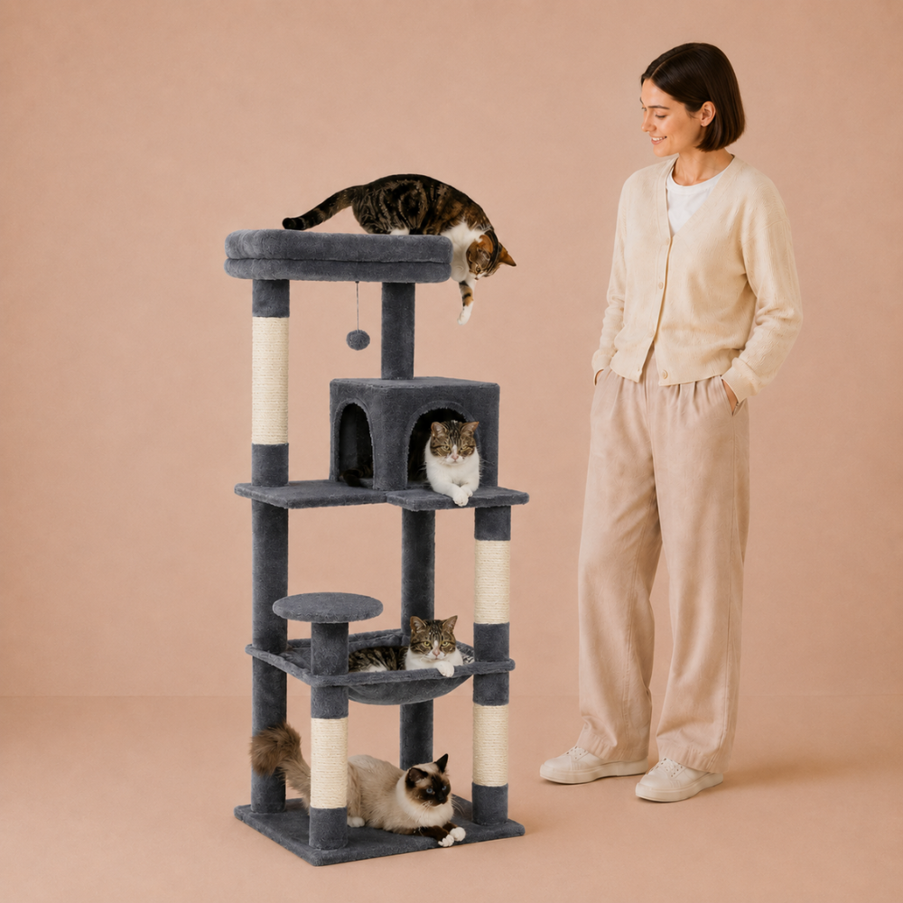 Road Cat Tree Scratching Post Multi-Level Play Tower with a Large Hammock