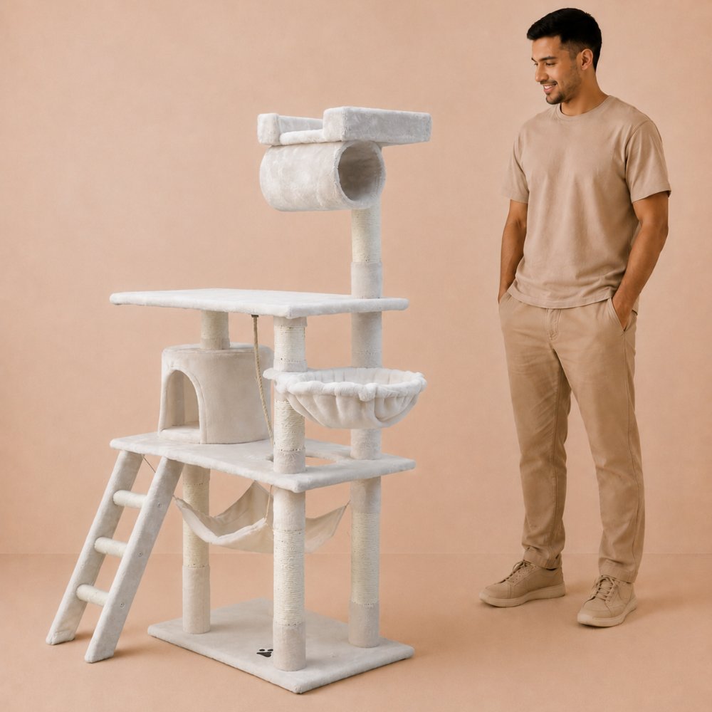 Cat Tree with Condo,Tunnel & Hammock Bed - 141cm