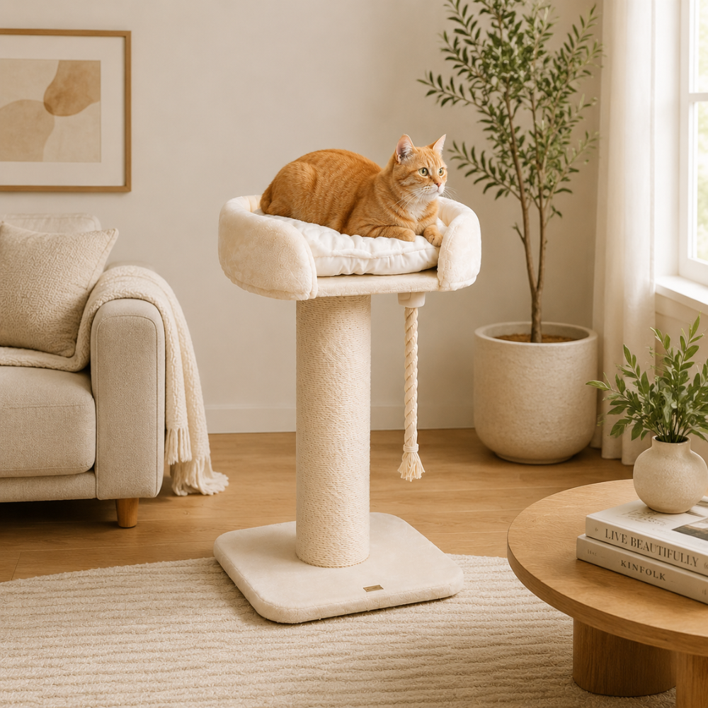 High Bed Cat Scratch Post - Cream Plush