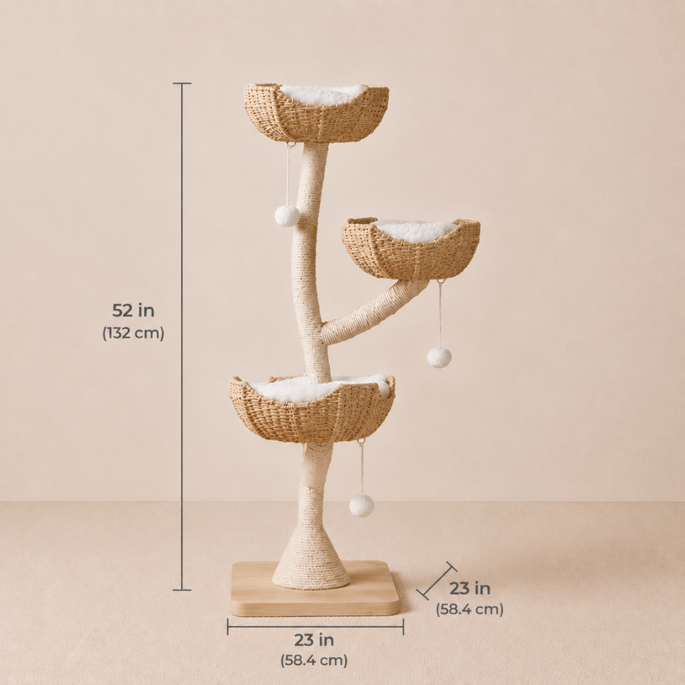 Three Tier Modern Cat Tree With Boho Style Basket & Sturdy Base