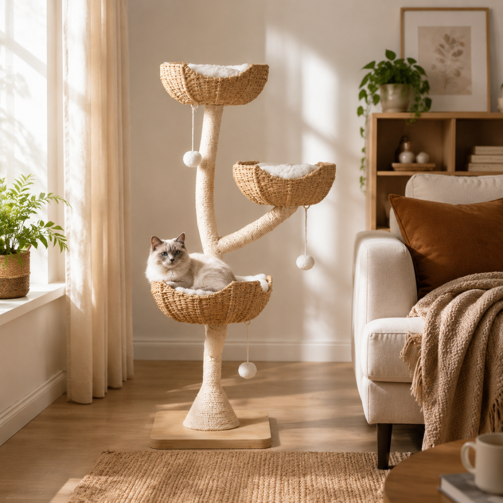 Three Tier Modern Cat Tree With Boho Style Basket & Sturdy Base