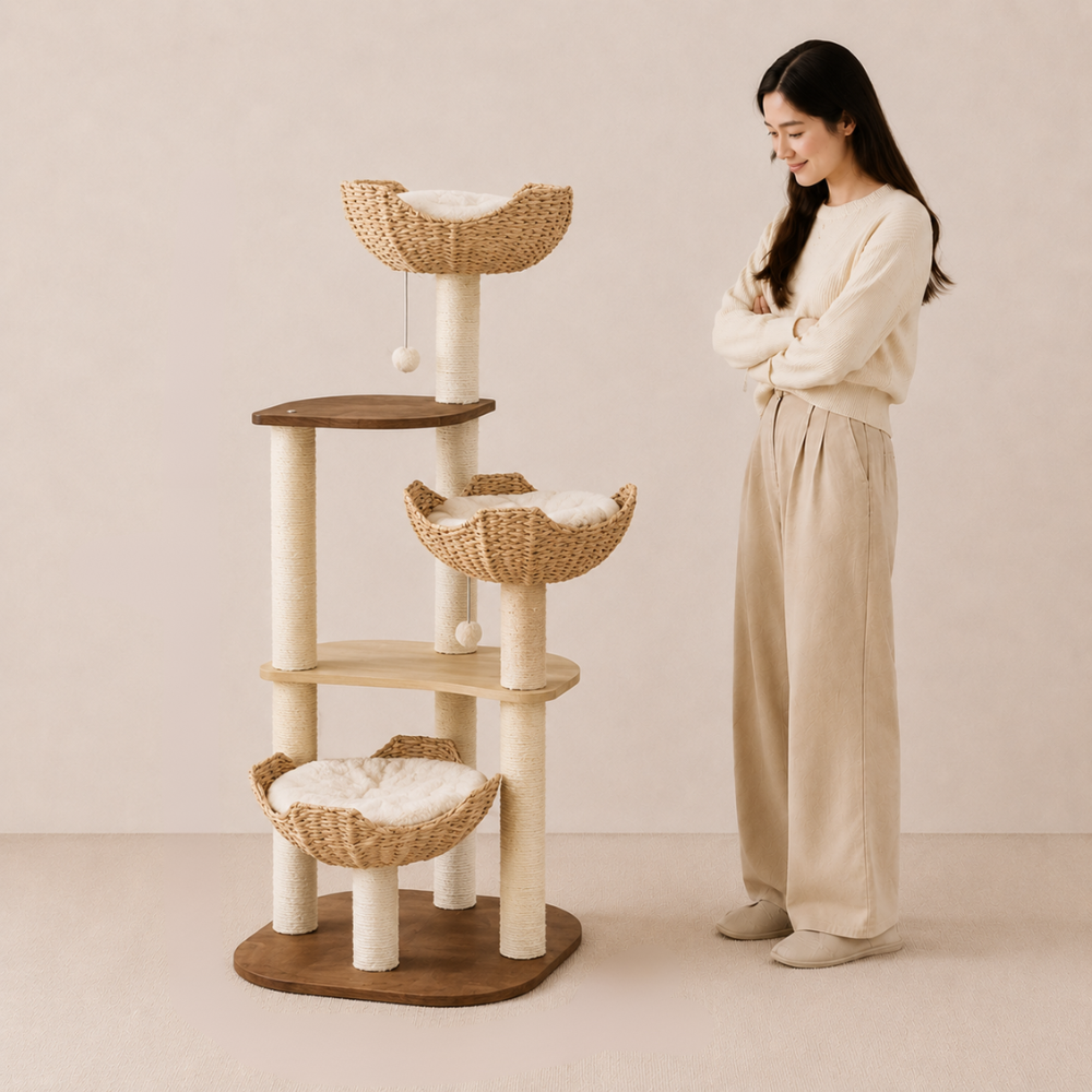 Woven Rattan Multi-Level Cat Tree – 6 Tiers with Full Sisal Posts & Multi-Beds