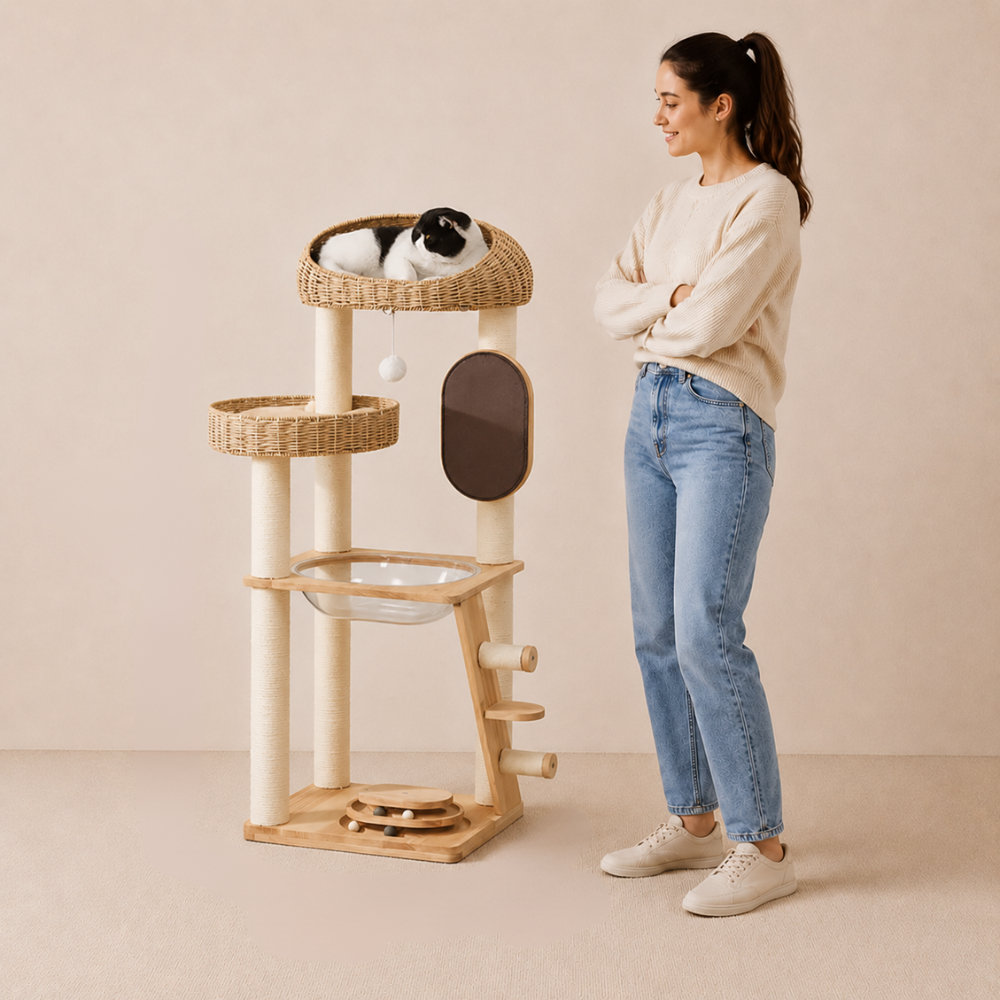 Solid Oak Wood Cat Tree with Handwoven Rattan Canopy