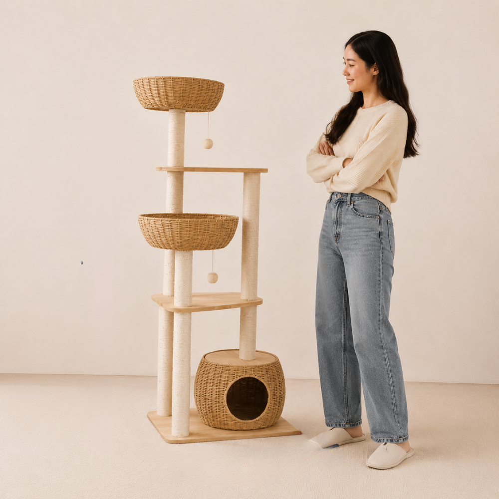 Oak Cat Tower – 6 Levels with Woven Rattan Beds