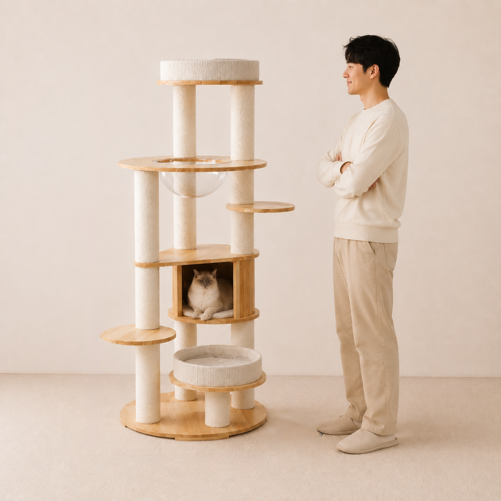 Varnished Solid Wood Cat Tower With Capsule - 163cm