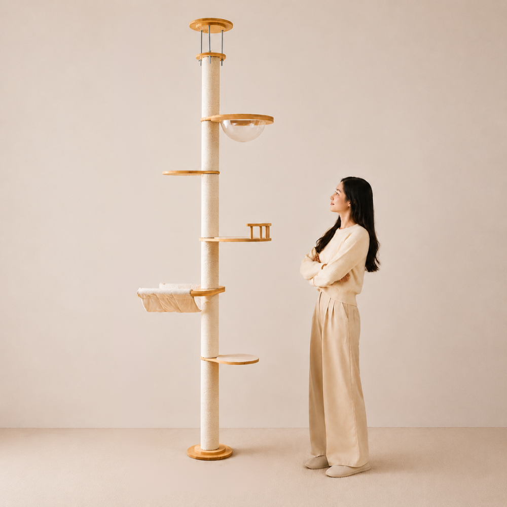 Solid Wood Adjustable Ceiling-Mounted Cat Tower - Style B