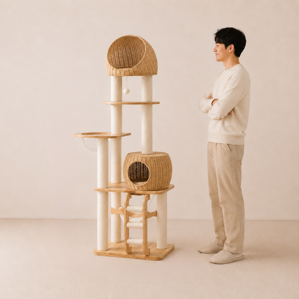 Premium Solid Oak Wood Cat Tree with Woven Rattan Beds - 175cm