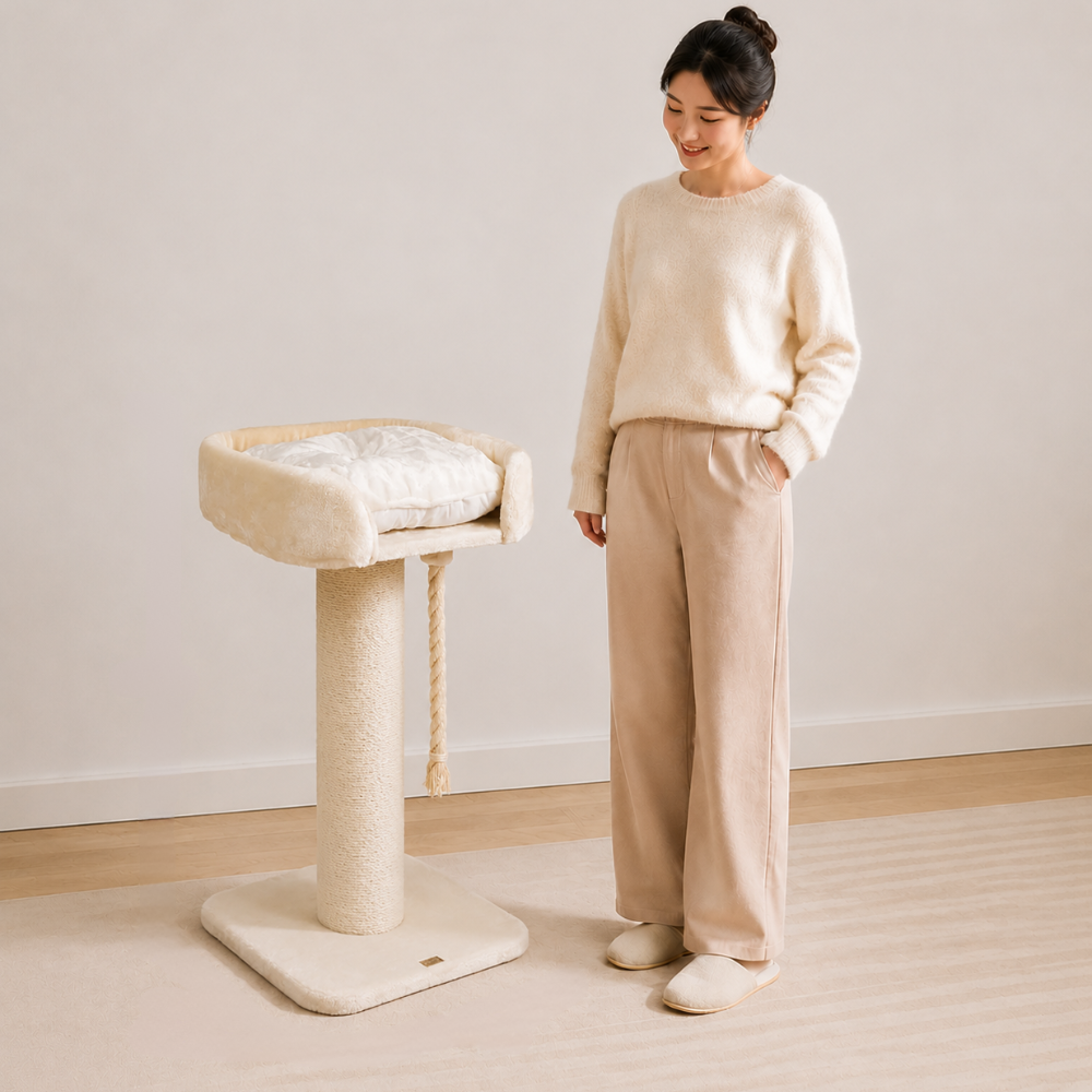 High Bed Cat Scratch Post - Cream Plush