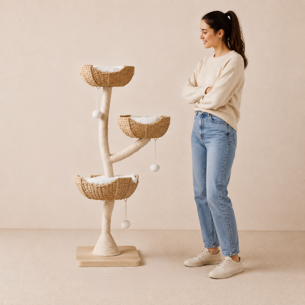 Three Tier Modern Cat Tree With Boho Style Basket & Sturdy Base