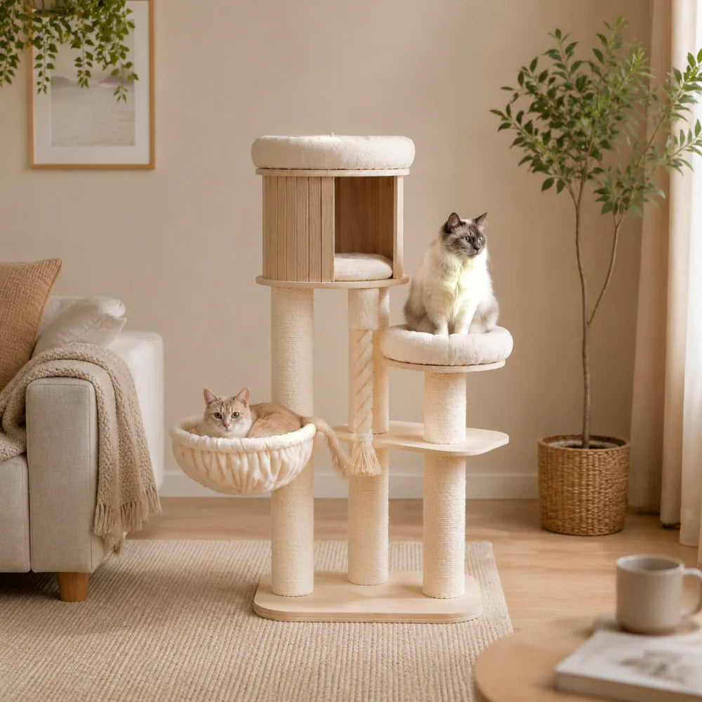 Snuggle Loft - Solid Wood Cat Tree Tower with Hammock & Condo