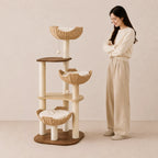 Woven Rattan Multi-Level Cat Tree with Sisal Posts & 3 Basket Beds