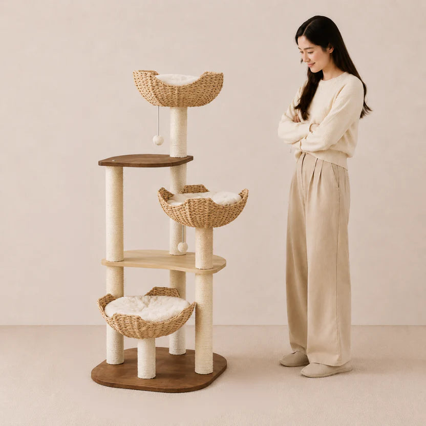 Woven Rattan Multi-Level Cat Tree with Sisal Posts & 3 Basket Beds