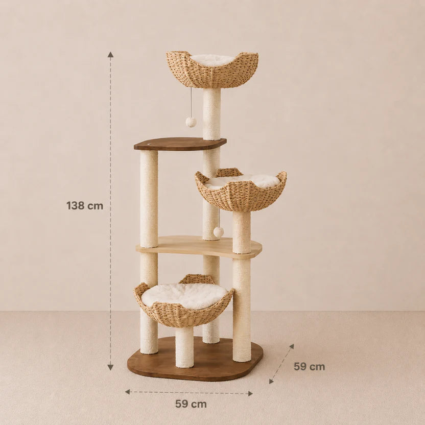 Woven Rattan Multi-Level Cat Tree with Sisal Posts & 3 Basket Beds