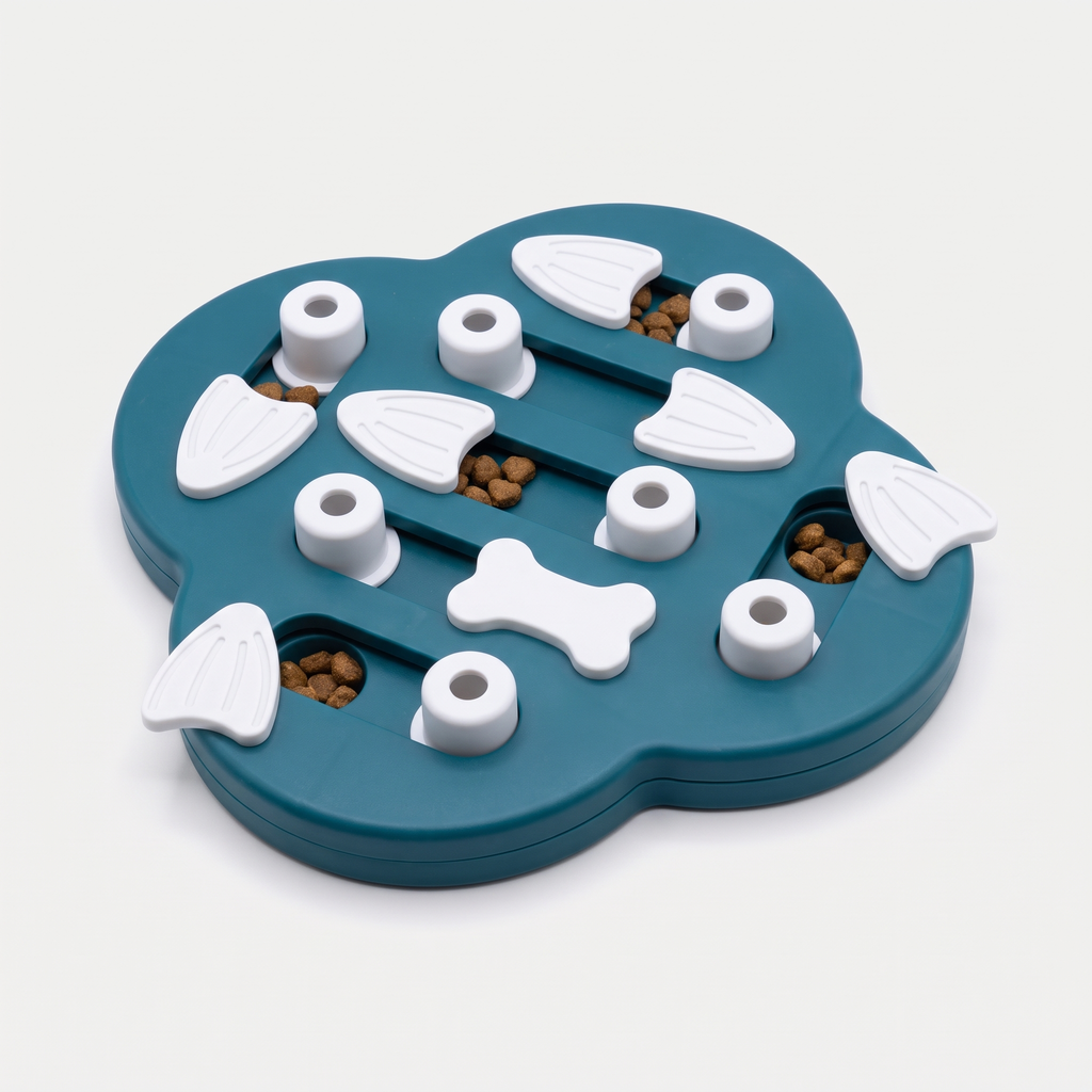 Slide & Seek Level 2 sliding-panel dog treat puzzle board in deep teal and white