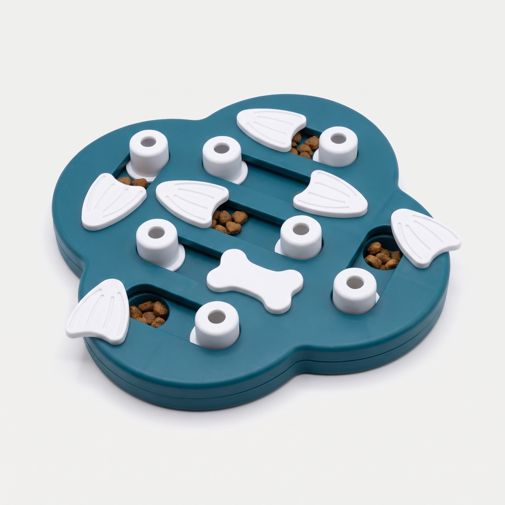 Slide & Seek Level 2 sliding-panel dog treat puzzle board in deep teal and white