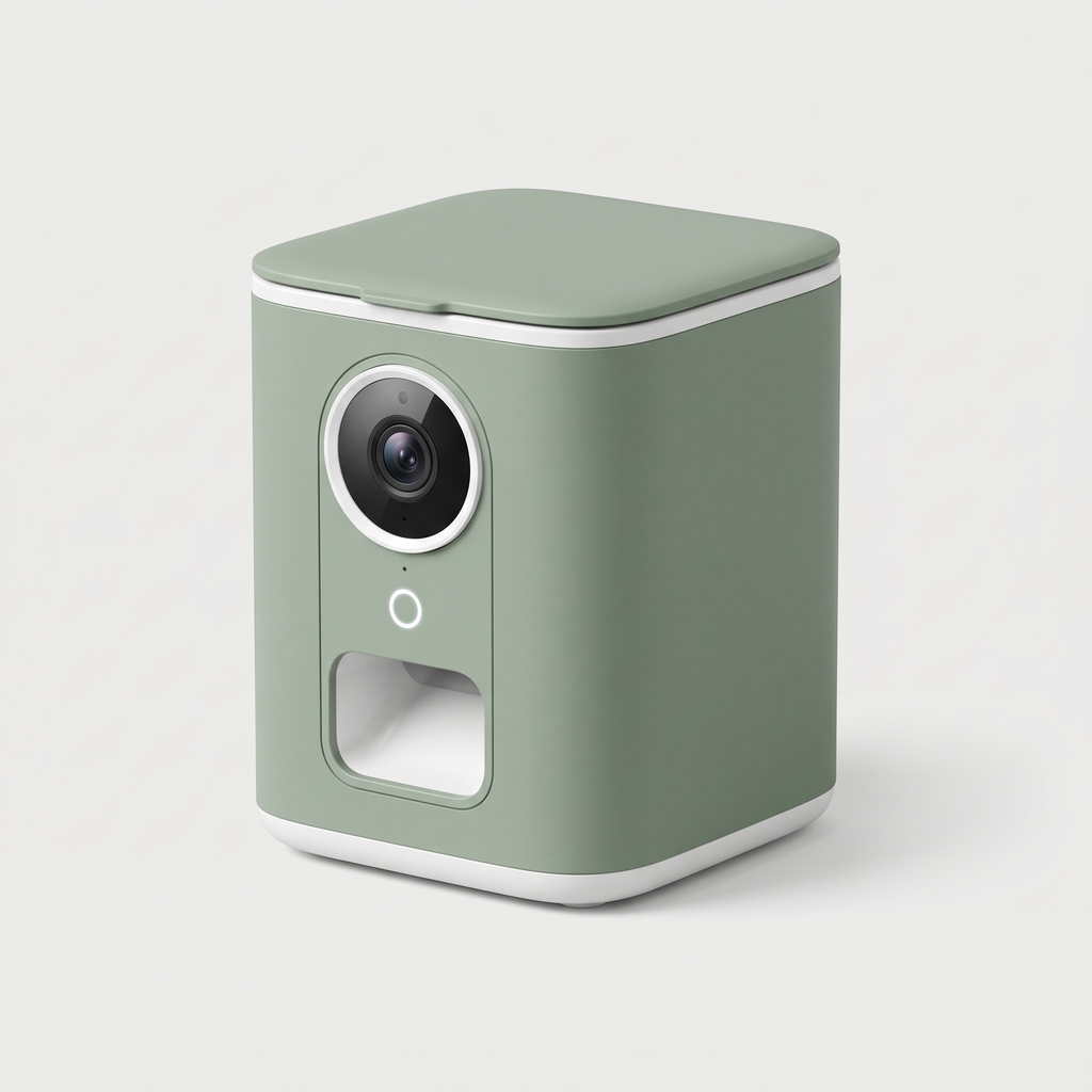 Watch & Treat Smart Pet Camera in matte sage green on a light neutral background