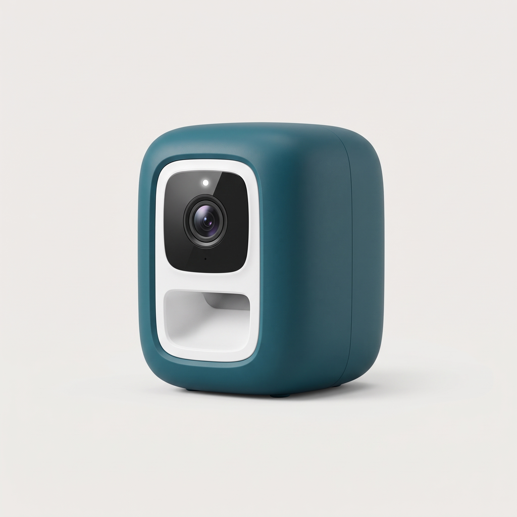 Snack Cam Mini Treat Dispenser in matte deep teal on a light neutral background