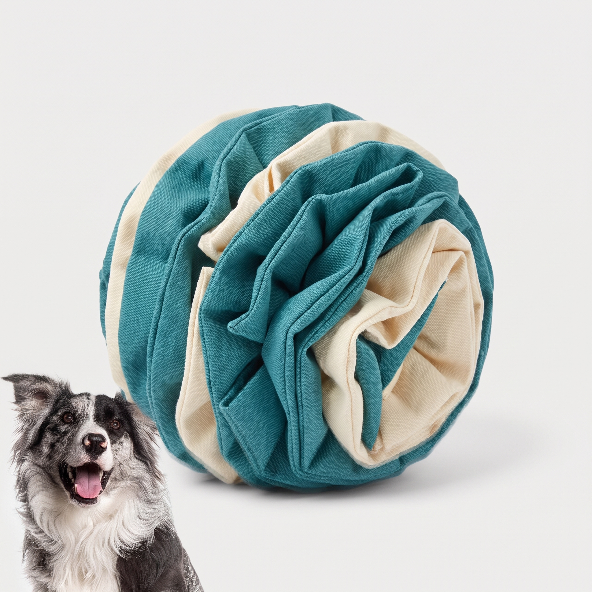 Snuffle Sphere Interactive Ball in matte teal fabric on a light neutral background