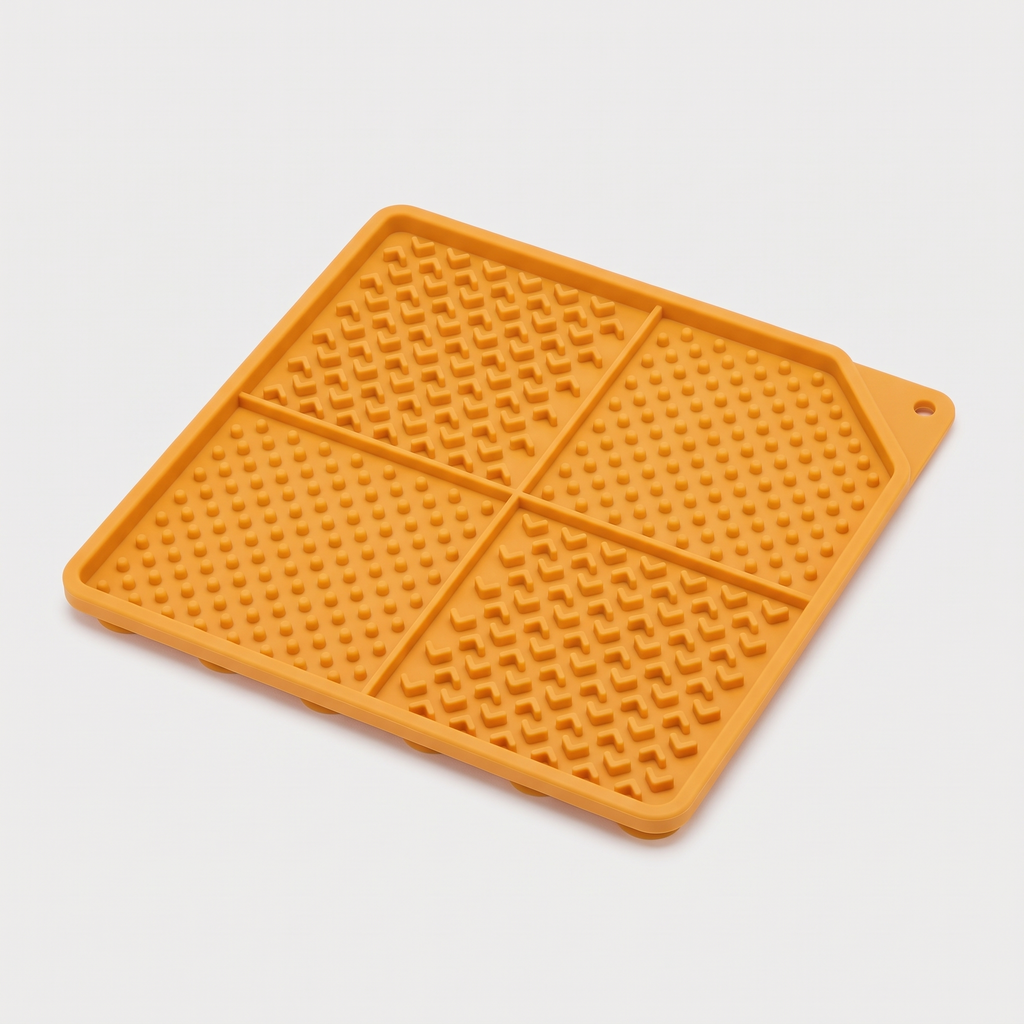 Lick & Chill Silicone Lick Mat in matte marigold-orange on a light neutral background