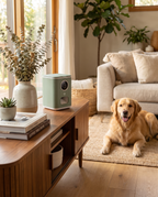 Watch & Treat Smart Pet Camera mounted in a living room with dog nearby