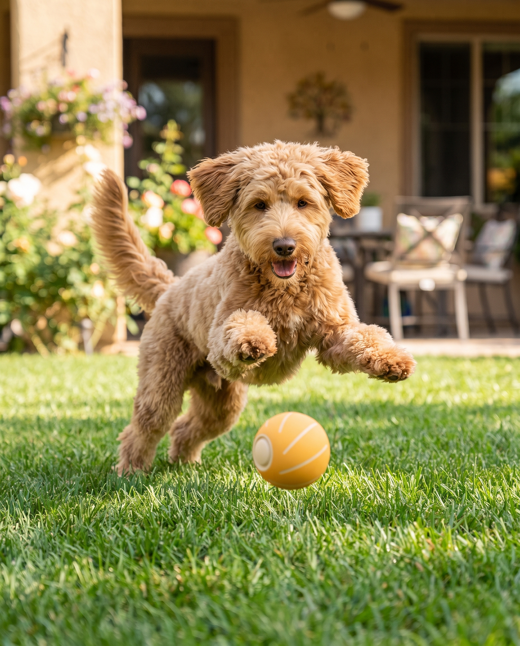 Dog bouncing after Bounce Smart Bouncing Ball outdoors