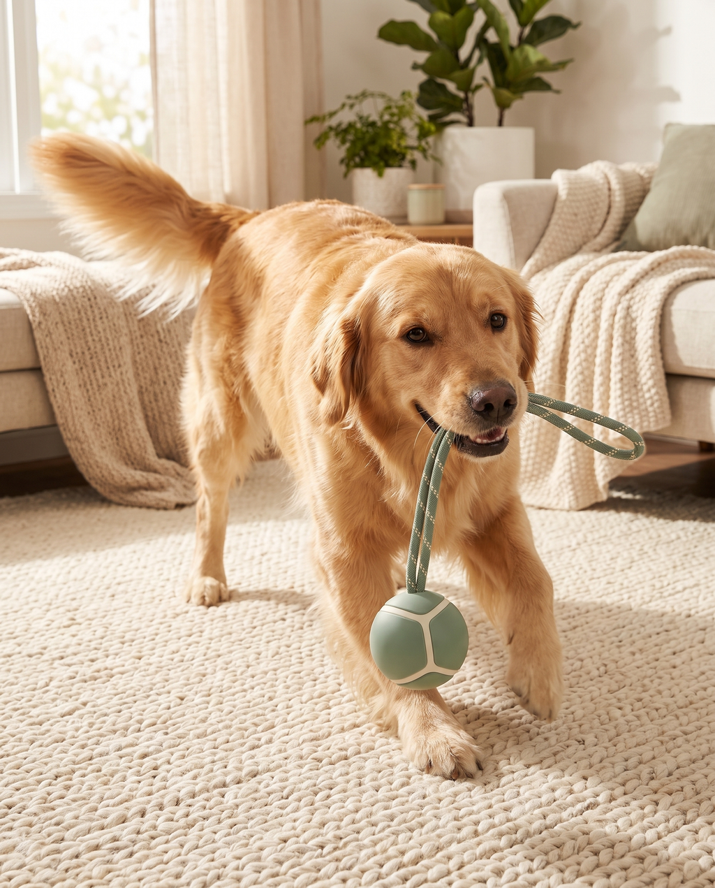 Dog tugging on Tug Smart Interactive Rope Ball at home