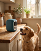 Snack Cam Mini Treat Dispenser on a kitchen counter with dog looking up