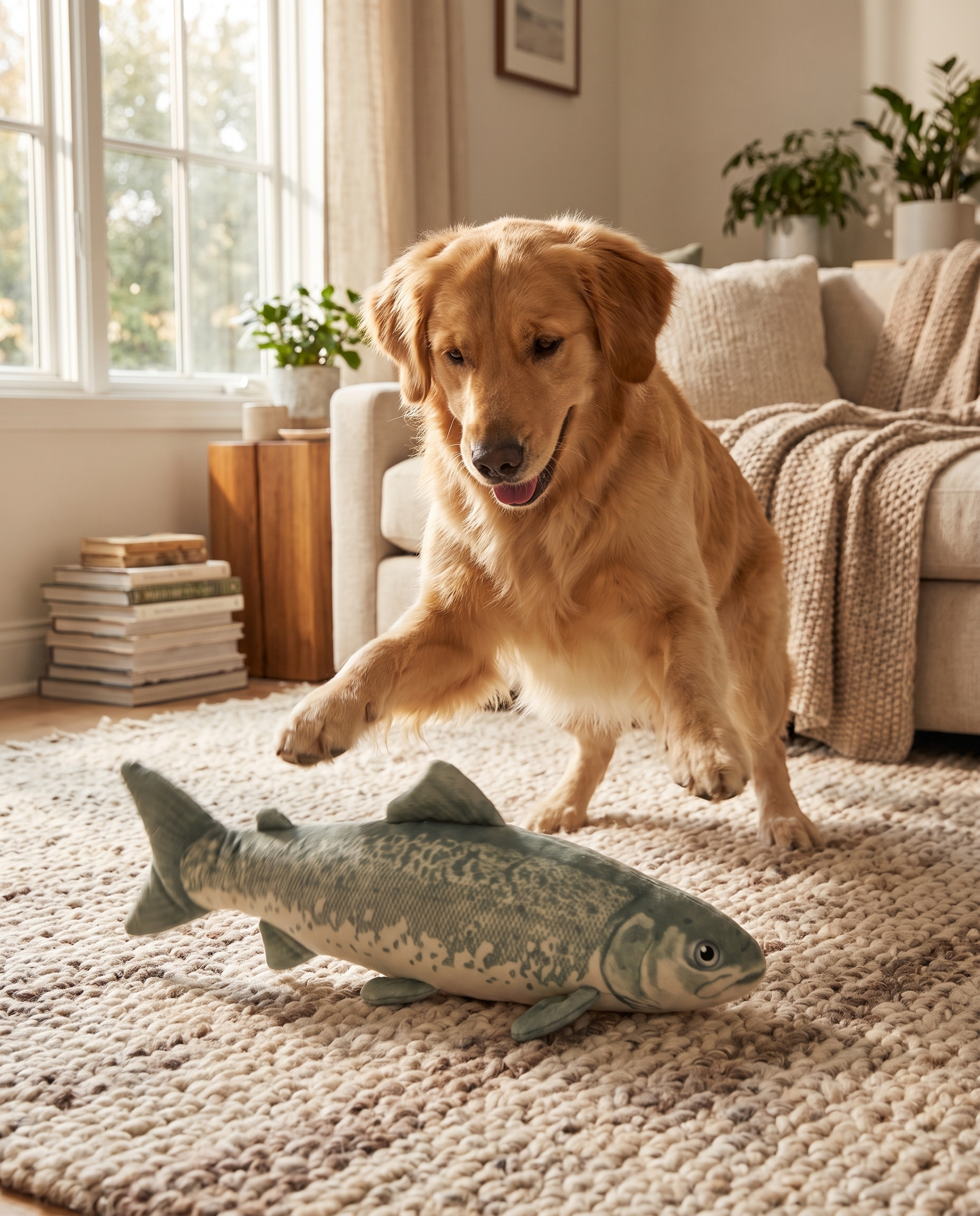 Dog pouncing on Flit Motion-Activated Fish Toy at home