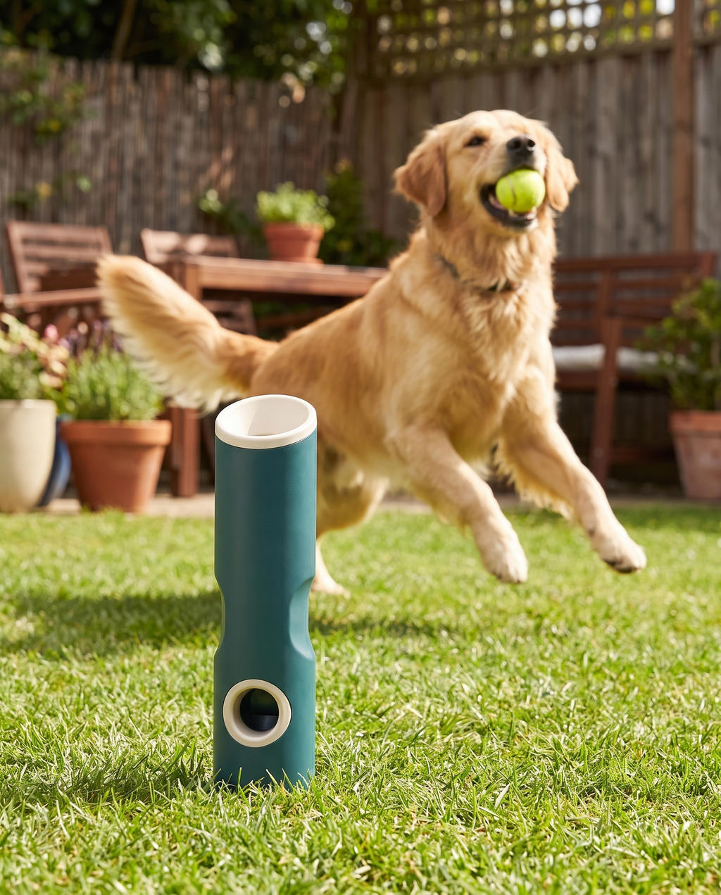 Frenzy Go Portable Ball Launcher on the lawn with dog fetching
