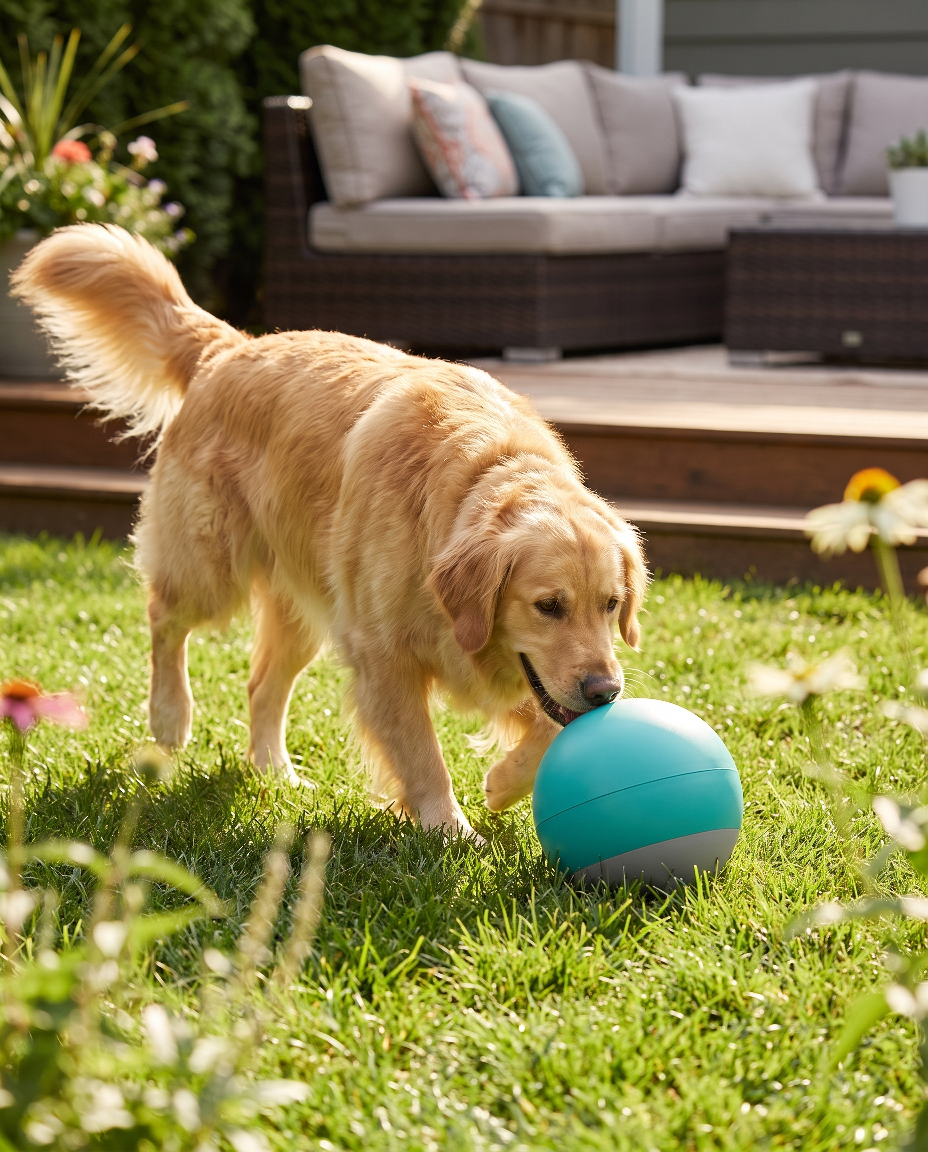 Dog playing with Roll Smart Rolling Ball in the backyard