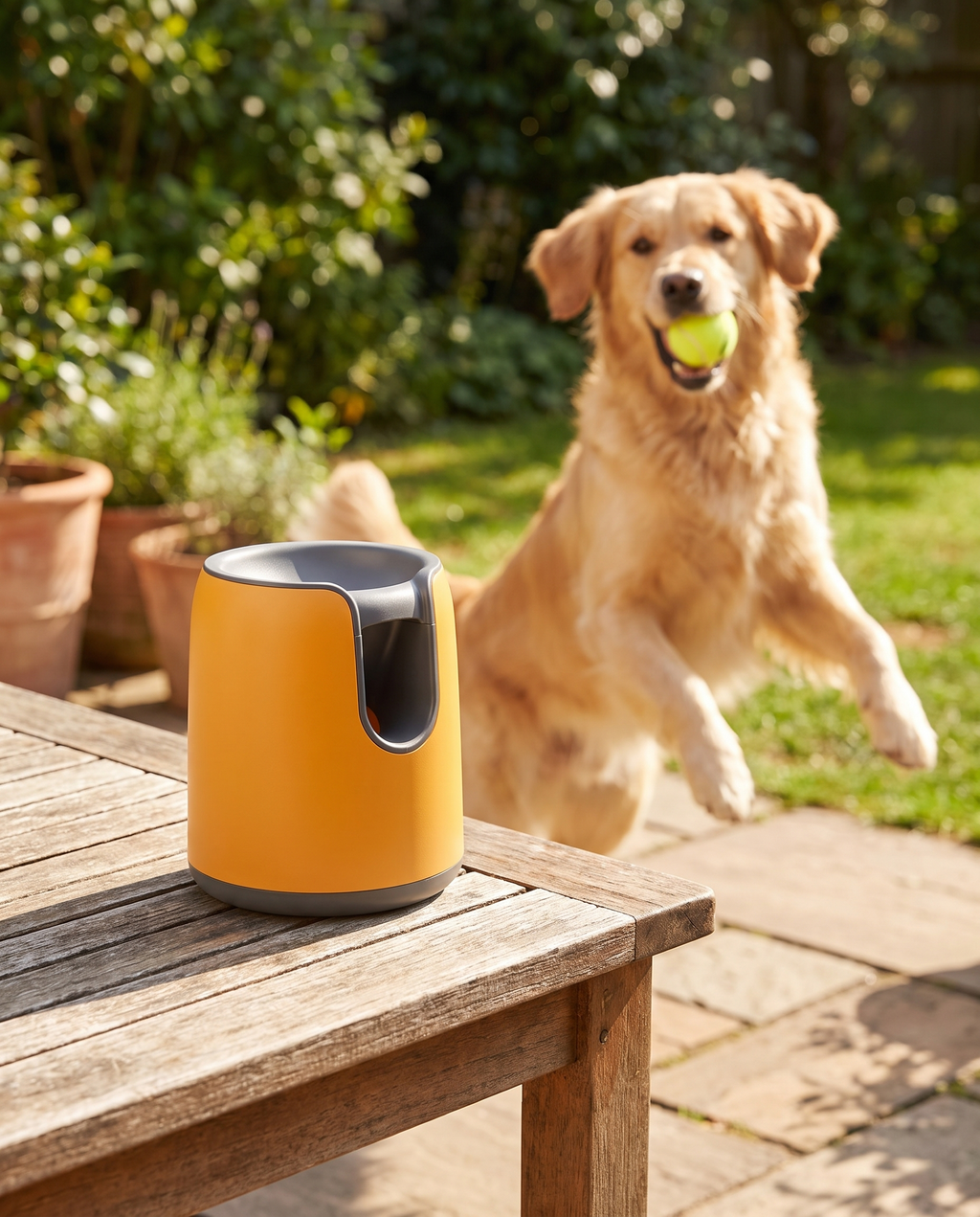 Frenzy Mini Compact Ball Launcher on a patio table with dog fetching