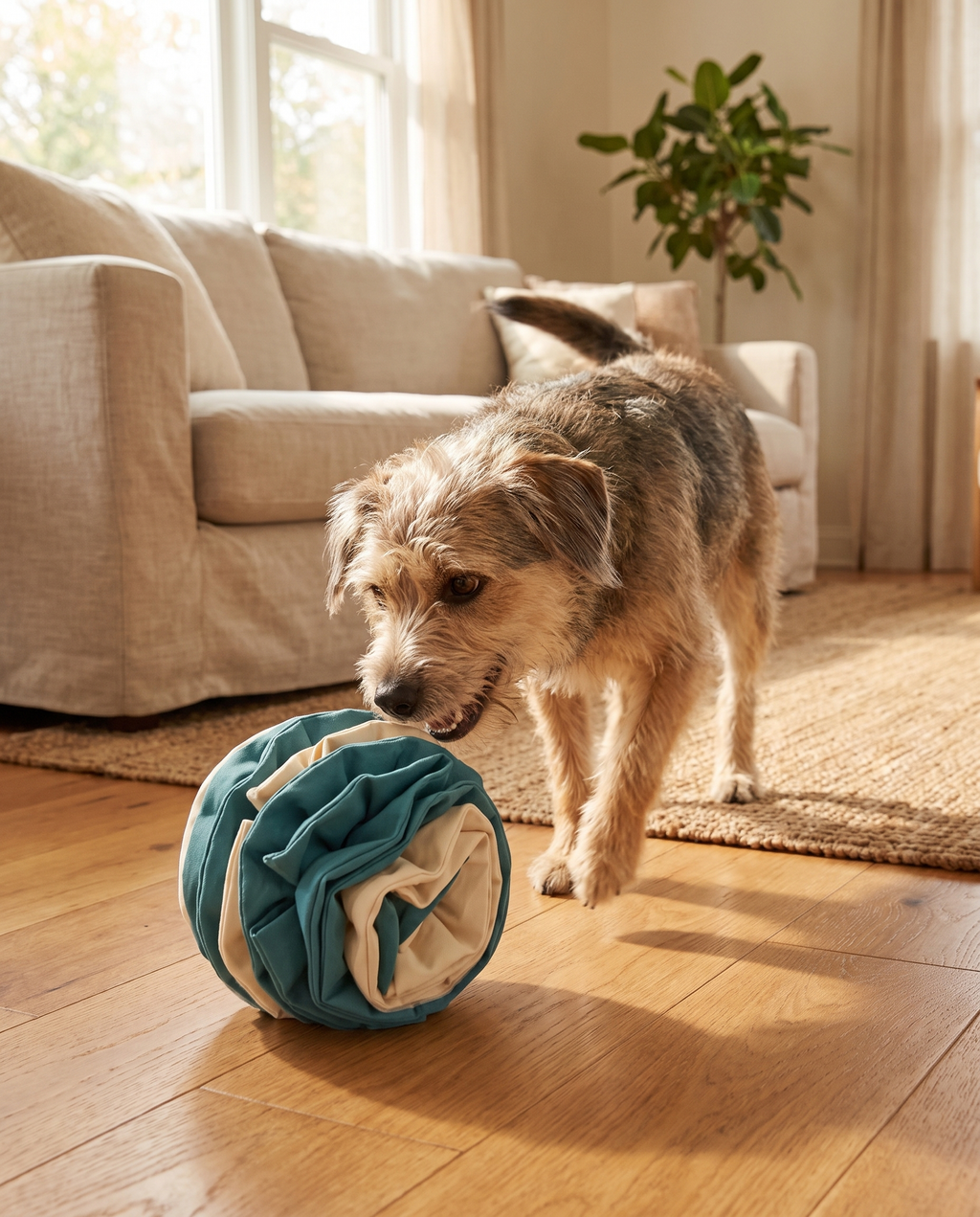 Dog nosing the Snuffle Sphere Interactive Ball across the floor