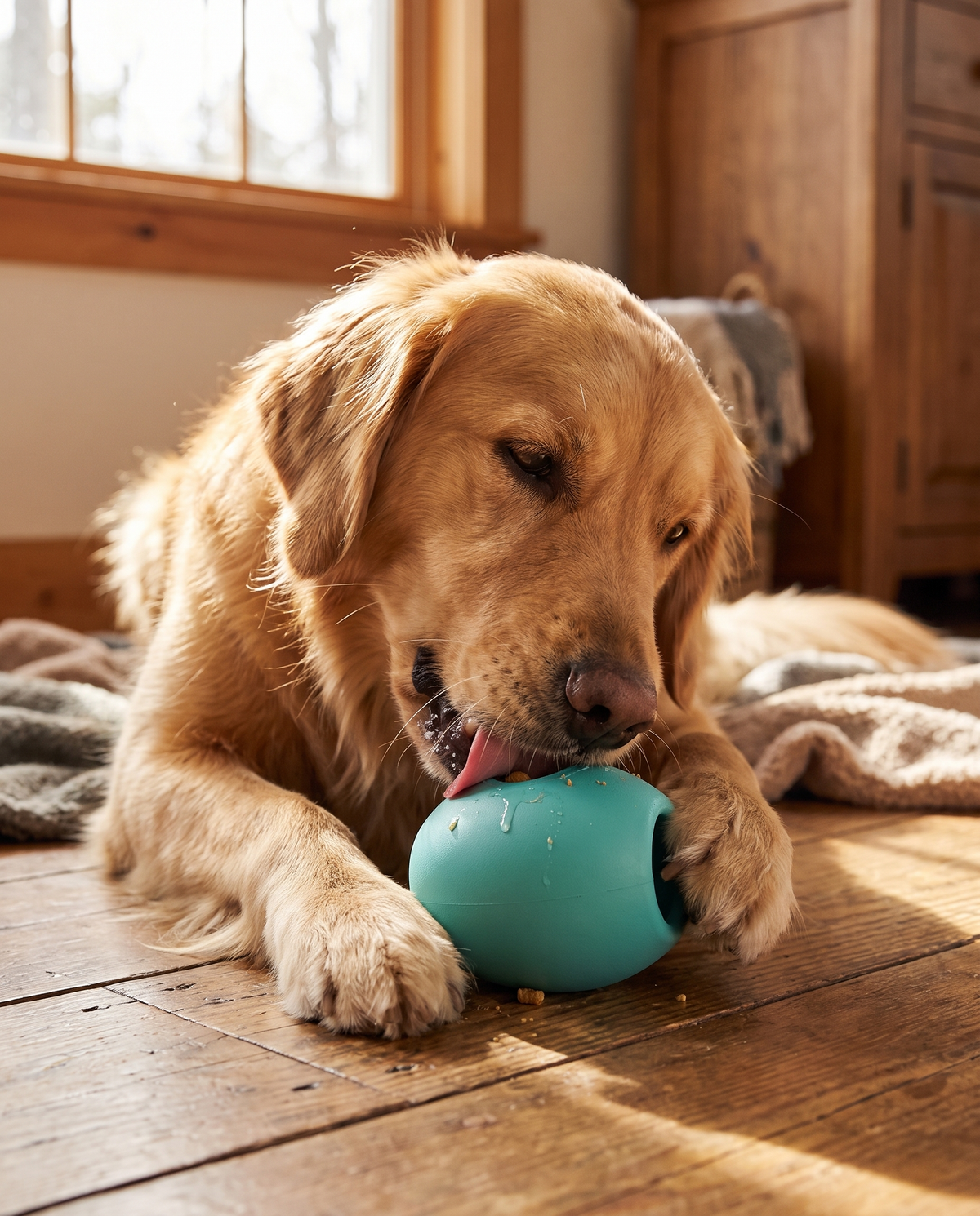 Dog licking and chewing the Toppl-Style Enrichment Toy at home