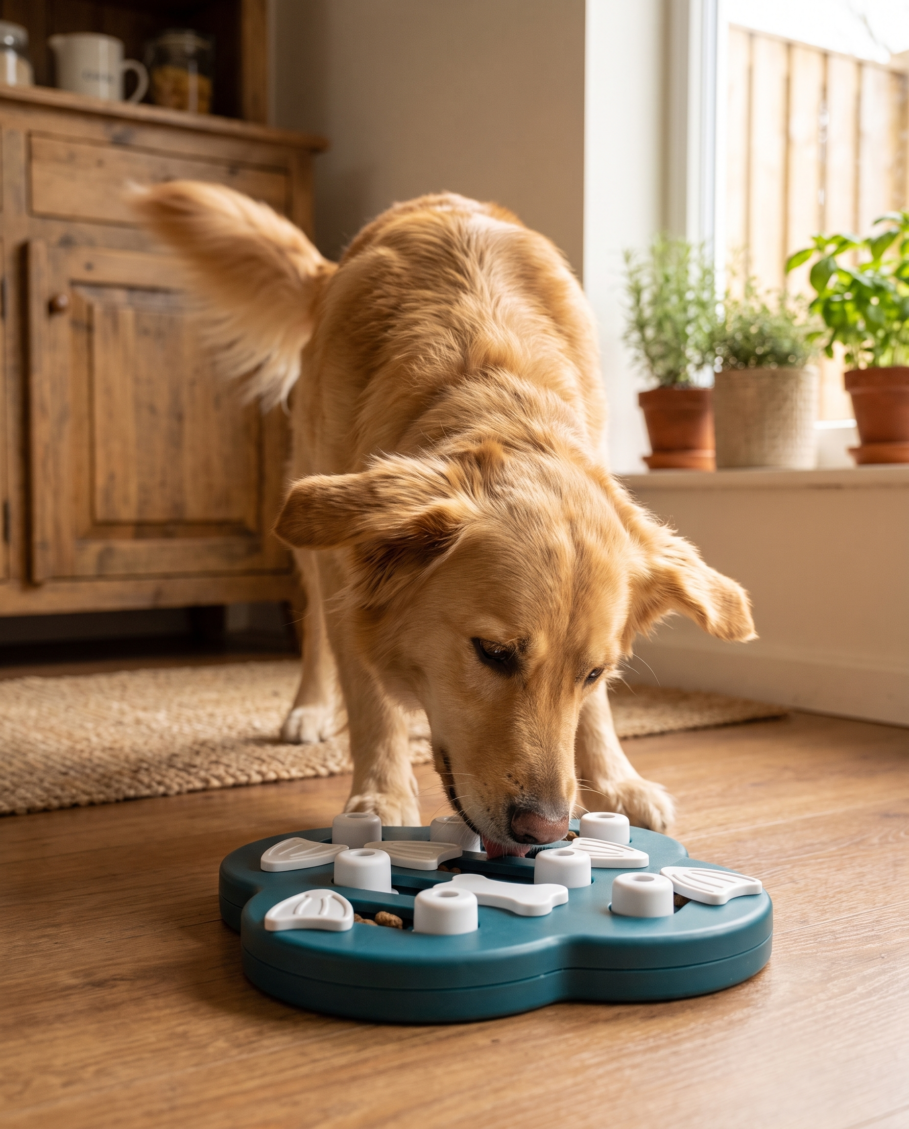 Dog nosing at the Slide & Seek puzzle board on the kitchen floor