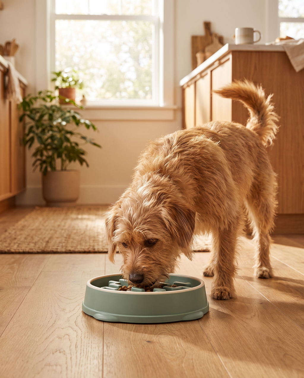 Dog eating from the Feast Mat Slow Feeder bowl in the kitchen
