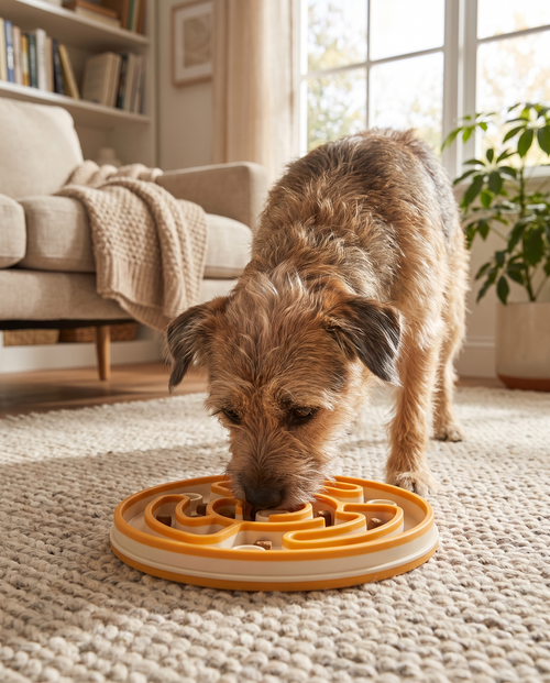 Dog working the Brain Maze Level 3 Treat Maze on a rug
