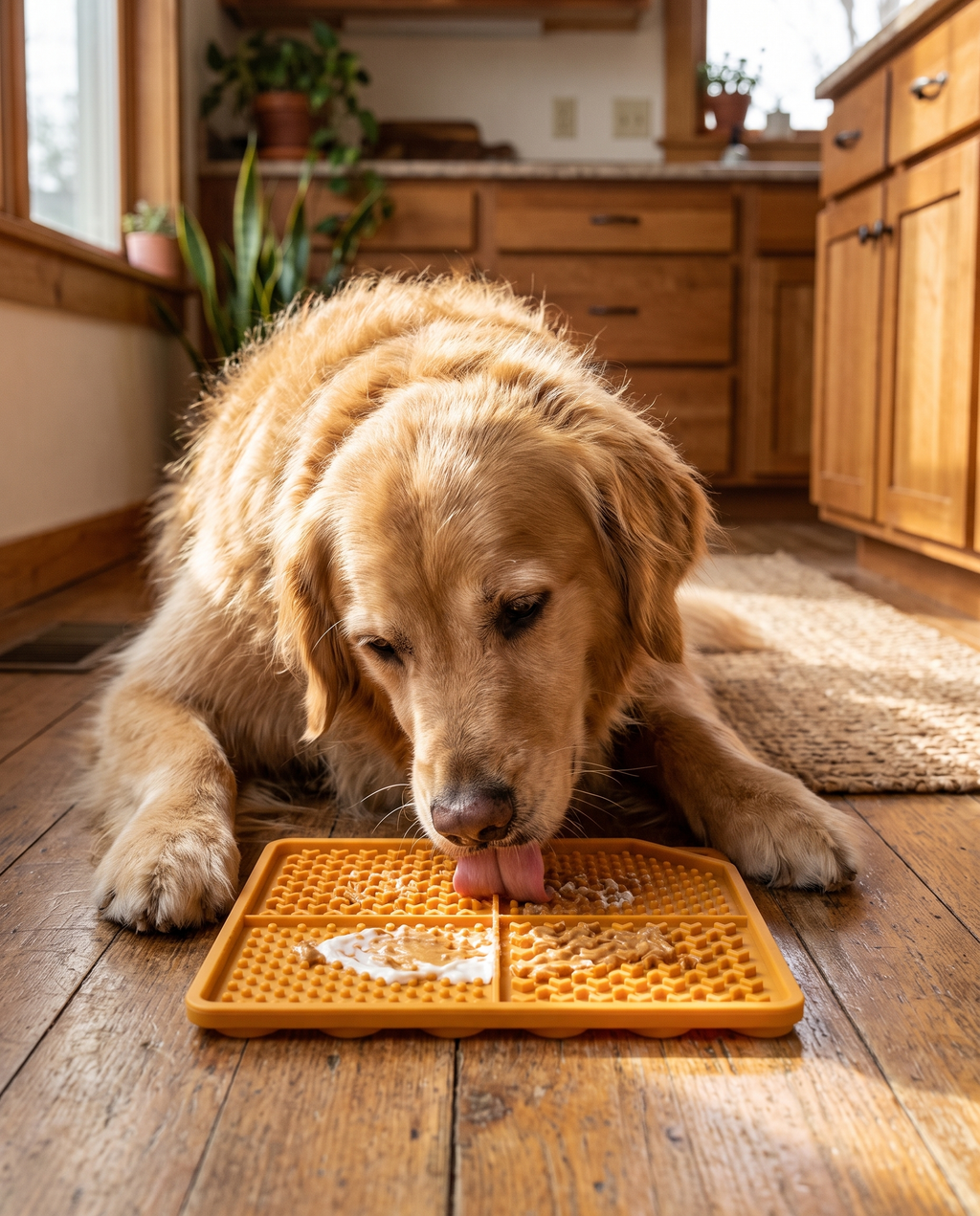 Dog licking the Lick & Chill Silicone Lick Mat on the kitchen floor